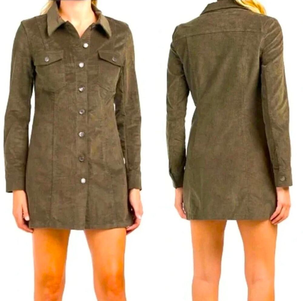 House of Harlow 1960 Olive Green Corduroy Mini Shirt Dress Size Small